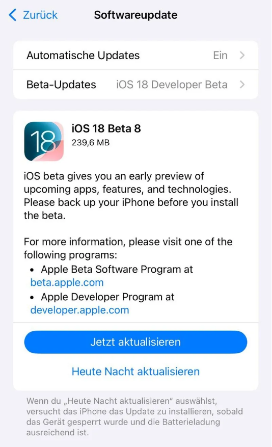 越秀苹果手机维修分享苹果 iOS / iPadOS 18 开发者预览版 Beta 8 发布 